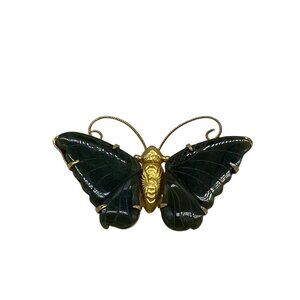Vintage Gilded Goldtone Butterfly Brooch Pin with Carved Jade Green Wings Large
